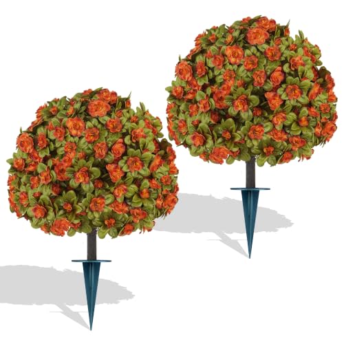 2 Pack 24" Fall Artificial Azalea Topiary Balls with Ground Spike (Fall Azalea)