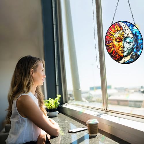 Sun and Moon Suncatcher Stained Glass Window Hanging (Sun and Moon Decor)
