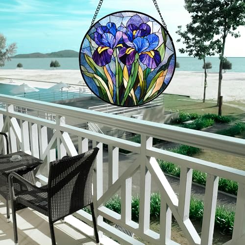 Blue Purple Iris Flowers Stained Glass Window Hanging Suncatcher Gifts 15" (Purple / 15x15 IN)