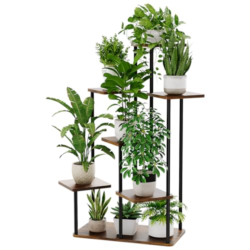 Large Plant Stand Indoor Tall Metal Plant Shelf (Brown Oak / 7 Tier)