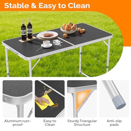 4FT White Folding Table with Carrying Handle Height Adjustable Lightweight Fold Up Portable for Indoor Outdoor Picnic (Black / 4ft)