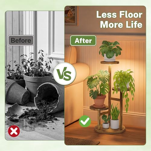 3 Tier Wood Plant Stand Indoor Corner with Grow Light (Pine Brown with Light / 3 Tiers)