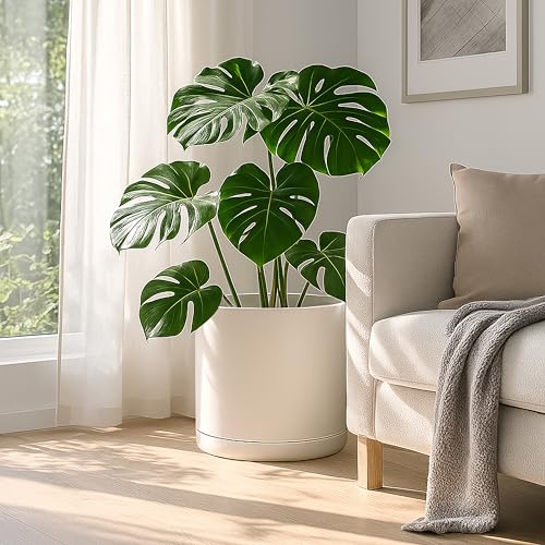 Plastic Planter Pot with Saucer (16 Inch / Oatmeal)