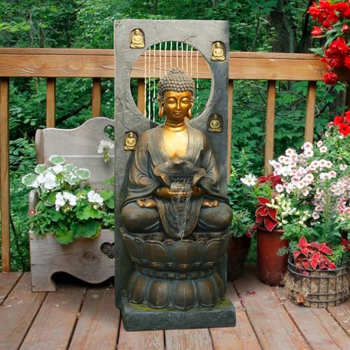 Large Buddha Water Fountain Waterfall Outdoor Indoor with LED Light (Gray / Water Fountain - 43 inches)