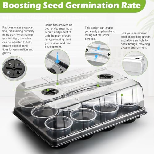 5 Pack 12 Cell Nursery Pot Trays with Adjustable Humidity Domes & 4 Inch Clear Pots 60 Pack (Black + Clear / 4 Inch 60 Pack Pots With 5 Pack Trays with Domes)