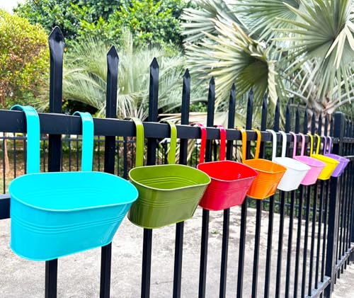 8 Pack 12" Colorful Metal Railing Planters with Hooks for Outdoor Fence (Oval - 11.8 Inch)