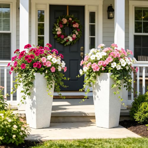 Autodaya 28" Plant Pots Tall Planters for Outdoor Plants Set of 2 with Tray (Tall Terrazzo White-28")