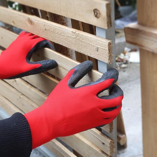 Crinkle Latex Rubber Hand Coated Safety Work Gloves for Men Women General Multi Use Construction Warehouse Gardening Assembly Landscaping (Medium / Red-120 Pairs)