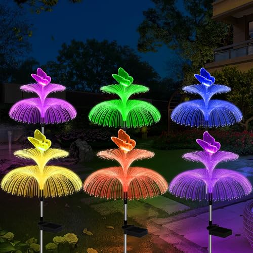 Solar Garden Lights Waterproof 6 Pack Solar Lights Outdoor Decorative 7 Color Changing Double Jellyfish and Butterfly Flower Yard Garden Decor Lawn Christmas Outside