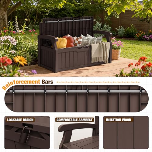 80 Gallon Resin Outdoor Storage Bench with Cushion (Brown / 80 Gal with Cushion)