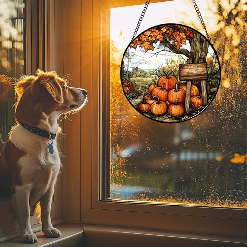 Snowy Christmas Cabin Stained Glass Window Hanging Suncatcher Gifts 12" (Orange / 11.8x11.8 IN)