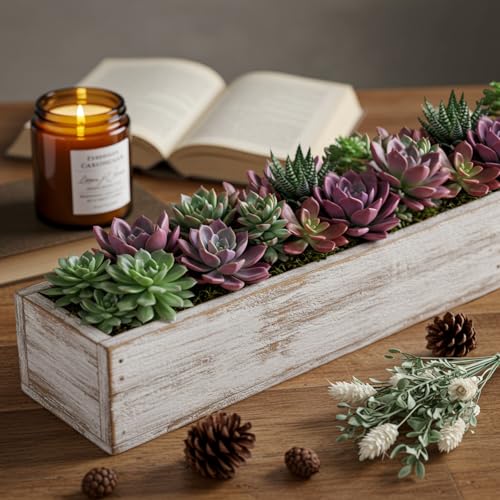 6 Set Wood Boxes for Centerpieces 16x4 Inch Rectangle Wooden Planter Box Rustic Wooden Planters with Removable Plastic Liner Floral Foam Blocks for Christmas Wedding Home Garden Decor (16 x 4 Inch / White)