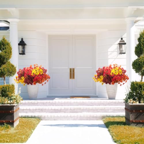 16 Bundles Artificial Fall Mums UV Resistant Flowers Outdoor Autumn Decor (Coffee Mix)