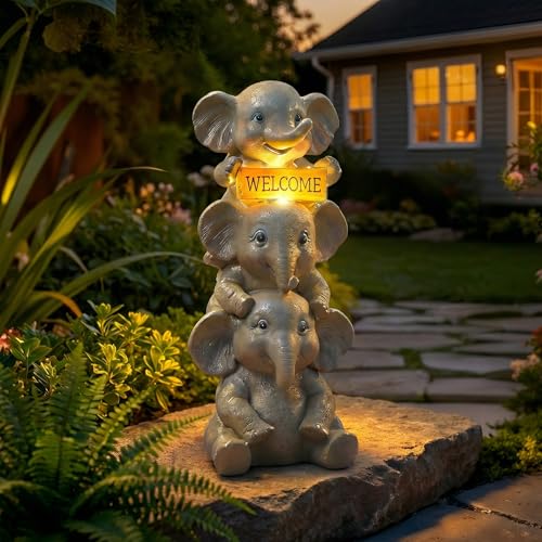 Solar Elephant Garden Statue with Lighted Welcome Sign (A Family of Three Elephants)