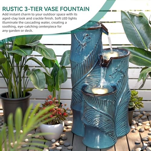 Autodaya Tropical Turquoise Ceramic Outdoor Water Fountain with Lights (25.5"h Bamboo-style Teal Blue)