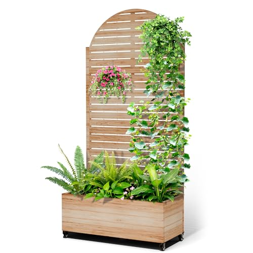 Metal Raised Garden Bed with Trellis and Wheels (Acacia Wood Grain-louvered / 71" x 35" x 16")