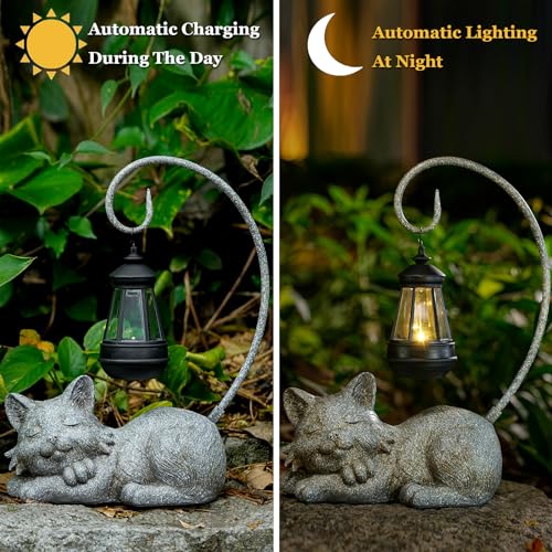 Outdoor Cat Figurine Garden Statue with Solar (Marbled)