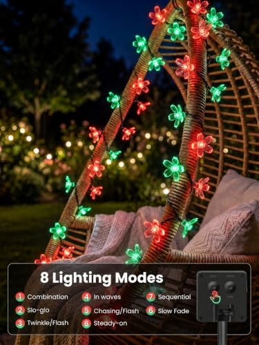 Solar Flower String Lights Outdoor Waterproof 50 LED Fairy Lights (Red & Green / 1 Pack)