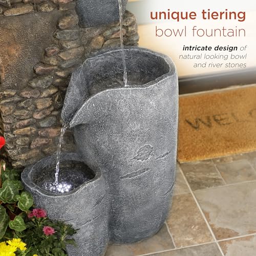 HIM562 Outdoor 4 Tier Stone Bowl Fountain with LED Lights for Garden (Stone Bowl)