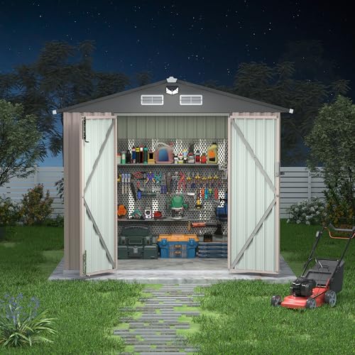 6x8 FT Metal Storage Sheds Outdoor with Solar Light (Brown / 6x8FT with Light)