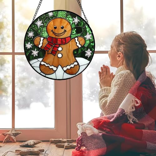 Smiling Gingerbread Man Stained Glass Window Hanging Suncatcher Gifts 15" (Brown / 15x15 IN)