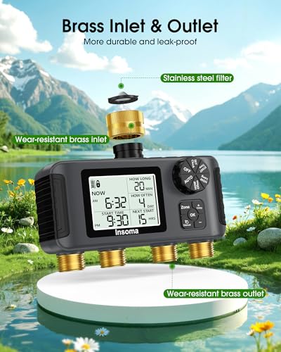 4 Zones Sprinkler Timer with Brass Inlet & Outlet (Grey Black / 4 Outlets)