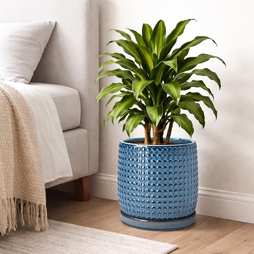 Beaded Ceramic Pot with Saucer (10.2 Inch / Ocean Teal)