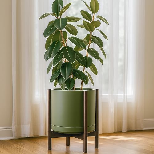 Ceramic Pot with Walnut Wood Stand (14 Inch / Olive Pot + Walnut Color Stand)