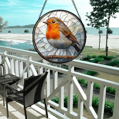 Brown Robin Stained Glass Window Hanging Suncatcher Gifts for Women 15" (Orange-white / 15x15 IN)