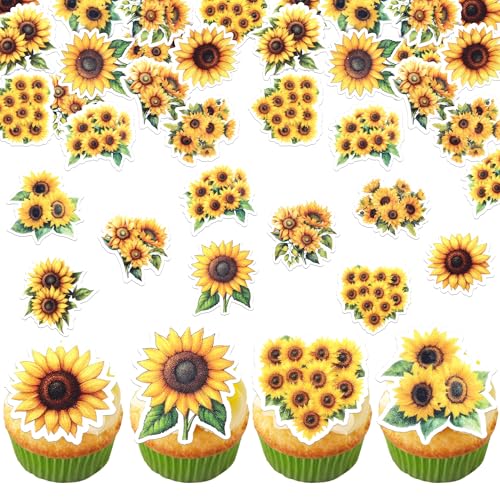 63 PCS Edible Sunflower Cupcake Toppers Wafer Paper Flower Party Cake Toppers Decorations Edible Sunflower Cupcake Picks for Baby Shower Wedding Birthday Party Cake Decorations Supplies (Design 15)