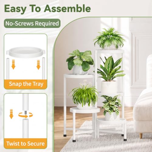 Plant Stand Indoor Outdoor with Large 10 Inch Plastic Tray (Snow White with Large Tray / 5 Tier)