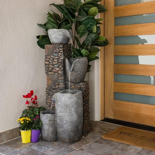 HIM562 Outdoor 4 Tier Stone Bowl Fountain with LED Lights for Garden (Stone Bowl)