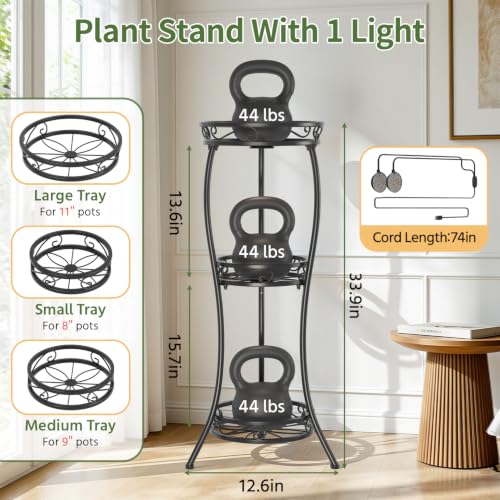 3 Tiers Metal Corner Plant Stand Tall with Light for Indoor Outdoor (Classic Black with Light / 3 Tier)