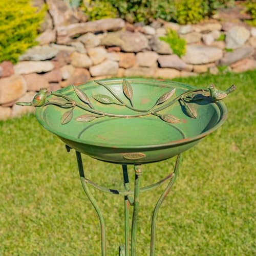 Deep Well Made Metal Birdbath with 2 Cast Iron Birds and Leaf Decoration (Verdi Green)