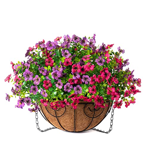 Artificial Faux Hanging Plants Flowers Basket for Spring Summer Outdoor Outside Decoration (Purple Pink)
