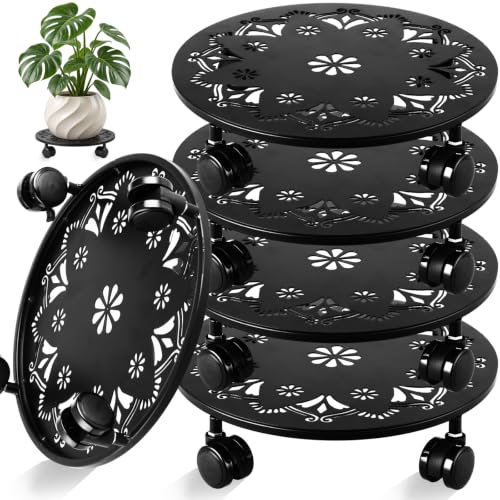 5 Pack Rolling Plant Caddy with Wheels 14 Inch Plant Rollers with Wheels Metal Plant Caddy with Wheels Heavy Duty Plant Stand for Large Plants Matte Black Rolling Planter Base 4 Wheels for Planters (14 inch)