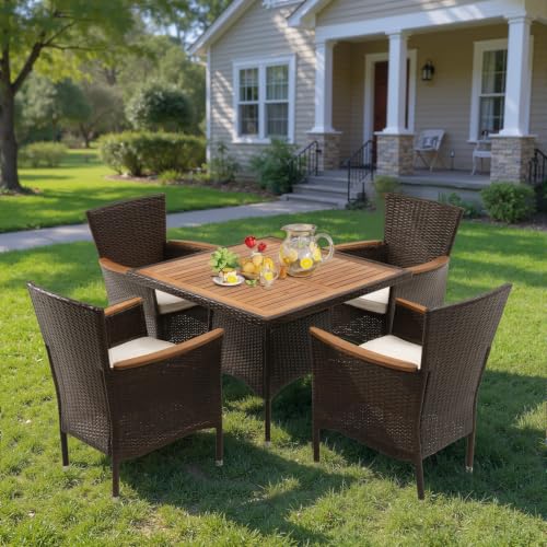 Rattan Patio Table and Chairs Set with Acacia Tabletop (Brown - Beige / 5-Pieces)