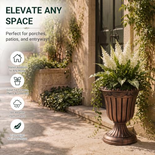 4 Pcs 13 x 15 Inches Brushed Copper Plastic Urn Planter Classic Flower Pots Front Porch Planters Indoor Outdoor Planters with Pedestal for Wedding Party Bridal Shower Garden Patio Porch (13 x 15 Inches / Brushed Copper)