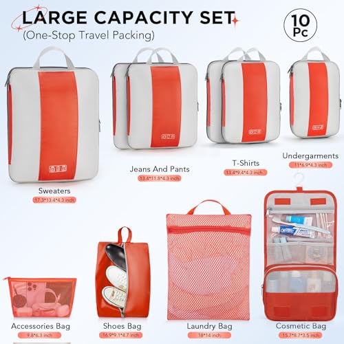10 Set Compression Packing Cubes for Travel Essentials (Orange)