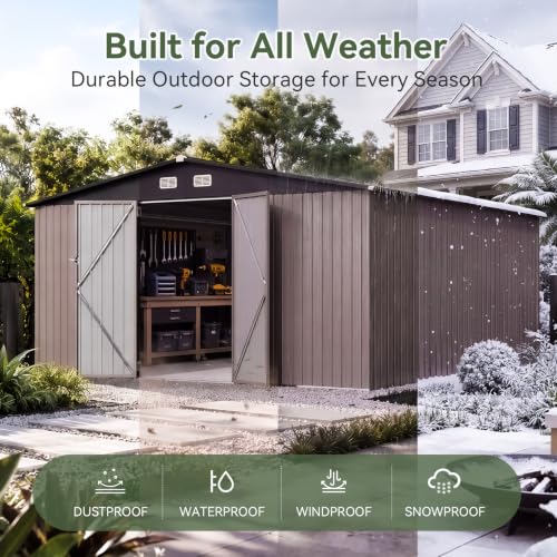 14x12 FT Outdoor Storage Shed with Lockable Double Doors (Brown / 14'x12')