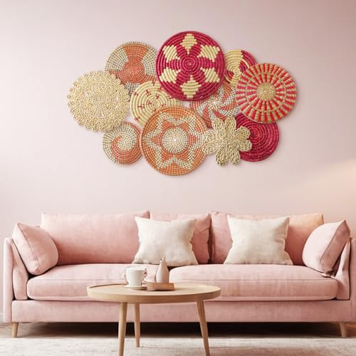 11 Pcs Boho Wall Basket Decor Woven Wall Hanging Art (Pink)