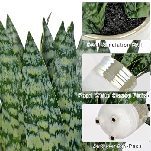Fake Snake Plant 13.5 Inch Large Artificial Snake Plant Potted with Ceramic Pot Faux Sansevieria Plant for Home Office Room Indoor Decor Housewarming Gifts (Green-large Pot)