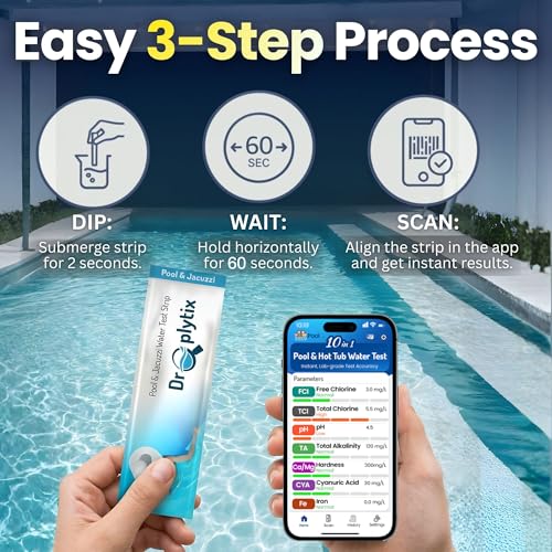 10-in-1 Pool & Spa Water Test Kit with App, Hot Tub, Saltwater, Chlorine, Cyanuric Acid, Alkalinity, Hardness, pH, Nitrate, Sulfate, Digital Water Quality Testing Strips (DXPOOL-R10-S10)