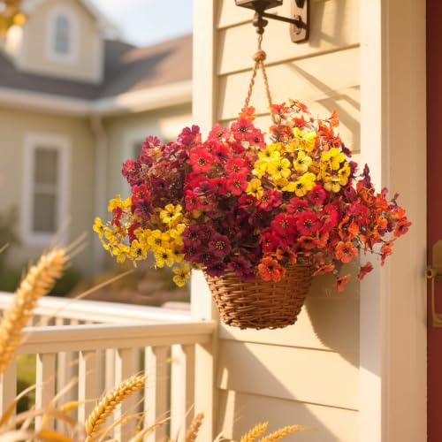 16 Bundles Artificial Fall Mums UV Resistant Flowers Outdoor Autumn Decor (Coffee Mix)