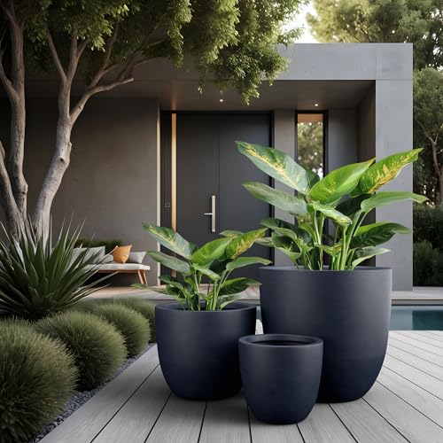 3 Pack 18" 14" 10" W Round Charcoal Concrete Planters (Charcoal / Set of 3: 10/14/18-Inch Dia)