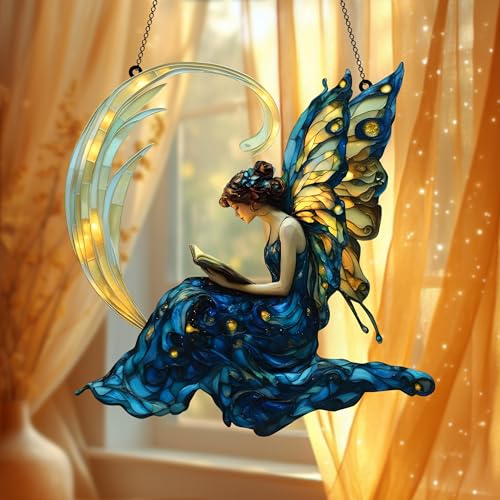 Butterfly Fairy Reading Book Acrylic Suncatcher Ornament Window Hanging Book Lover Gift Fairy Garden Decor (1-fba-ett-evg-a250-g.1 / 5")