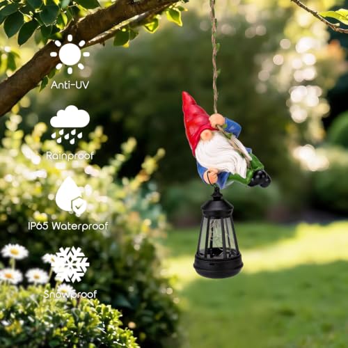 Solar Hanging Gnome Garden Statues Funny Climbing Gnome with LED Lantern (Red Hat Hanging Gnome)