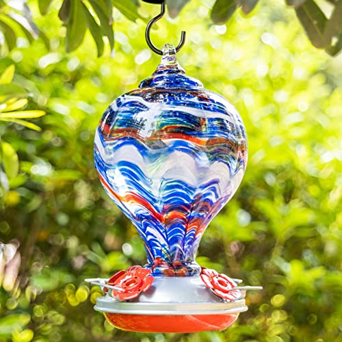 32OZ Hummingbird Feeders Blown Glass Hummingbird Feeder (Navy Blue)