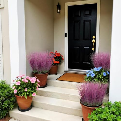 12 Bundles Artificial Grass Plants Outdoor Tall Faux Shrubs Greenery Stems Fake Onion Grasses Wheat UV Resistant for Outside Garden Indoor Office Home Decor（Pink） (Pink / 12Pcs)