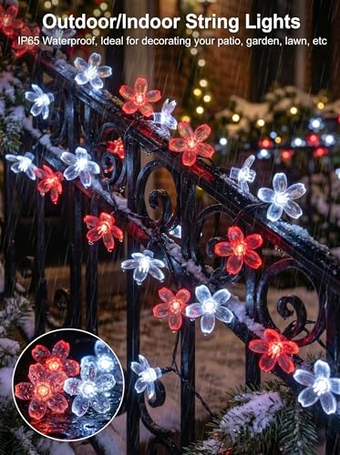 Solar Flower String Lights Outdoor Waterproof 50 LED Fairy Lights (Red&White / 1 Pack)